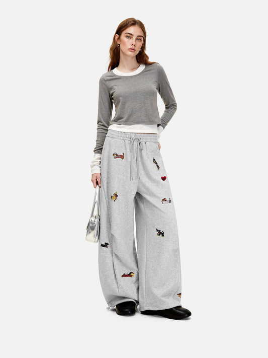 Women's Embroidery Dog Baggy Sweatpants - Soft Comfy